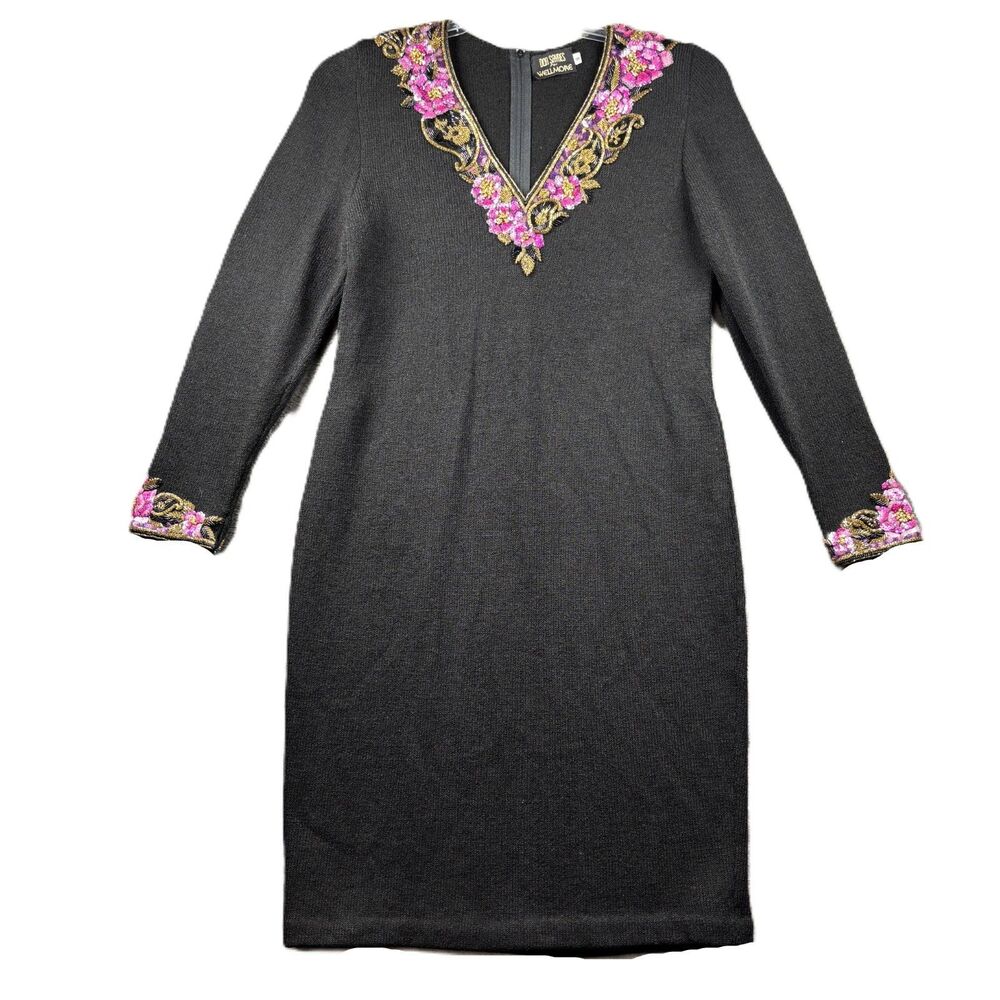 Don Sayres For Wellmore Women Dress Beaded Sequins Vintage 80s LBD Black Size 8